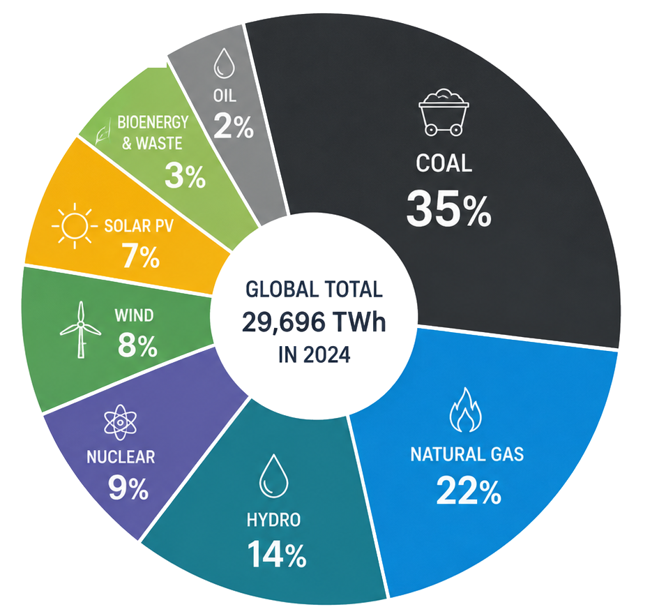 Global electricity generation by source in 2024 — coal is the largest single source at 35 percent